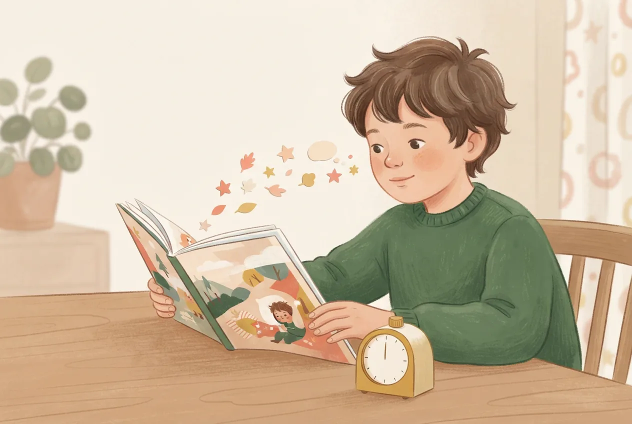 Ребёнок спокойно читает книгу рядом с таймером