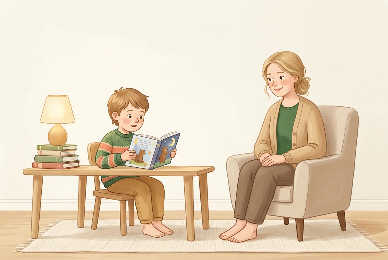 Ребёнок 7–8 лет читает вслух за столом, а мама внимательно слушает